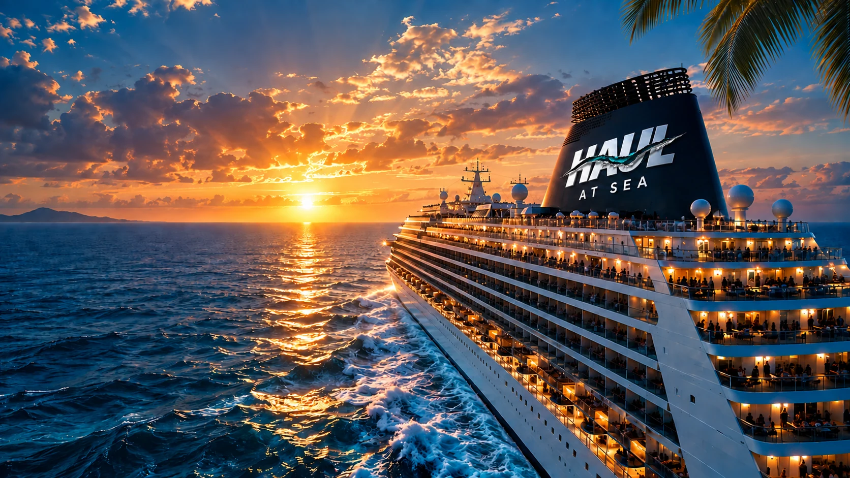 Concept of a Haul at Sea cruise ship at sunset